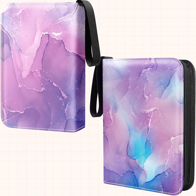 Card Binder 4 Pocket, 400 Pockets Card Holder Compatible with Game Cards Gift for Girls, Trading Card Binder Album Case Book Storage For Photocards, Small,Marble Purple