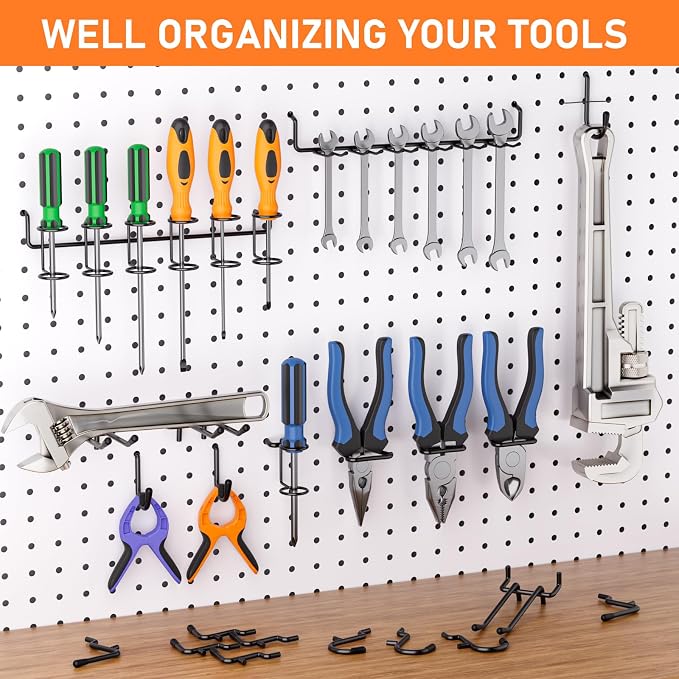 INCLY 176PCS Black Pegboard Hooks with Peg Locks, 1/4" Heavy Duty Metal | Peg Board Hooks Assortment, With Peg Locks, Pegboard Accessories Organizer Kit, For Garage Wall Organizer Hanging Tools