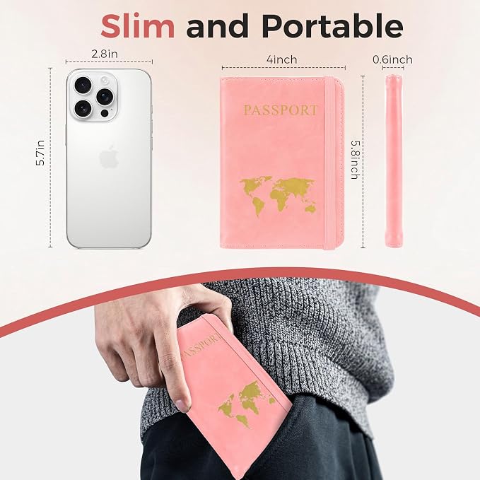 Passport Holder Travel Women Men, Passport Wallet with Airtag Slot, Pink | RFID Blocking PU Leather Passport Holder Cover Case with Card Holder, Pen Slot
