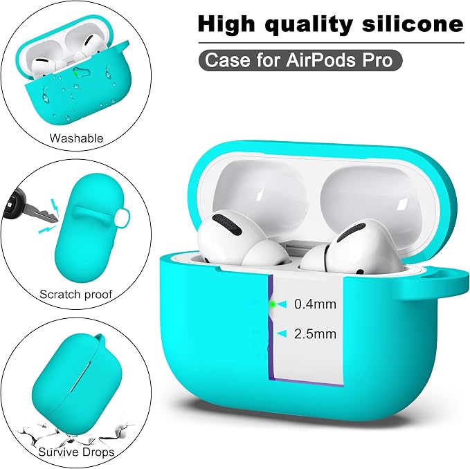 AirPods Pro Case Cover with Keychain, Full Protective Silicone Skin Accessories for Women Men Girl Adult with Apple 2019 Latest AirPods Pro Case, Front LED Visible-Teal