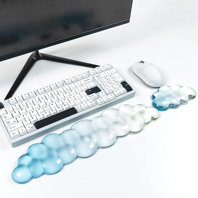 Ergonomic Gel Cloud Keyboard and Mouse Wrist Rest Set – Clear Wrist Rest for Computer Keyboard 60%/68%/75%, Comfort & Support for Typing and Gaming (White Blue)