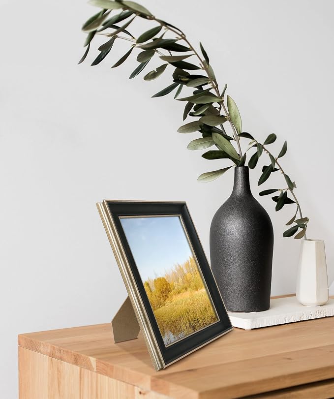 Golden State Art, 8x10 Antique Black with Silver Trim Color Frame - Easel Stand, Sawtooth Hanger - Landscape, Portrait Display - Great for Postcards, Photographs
