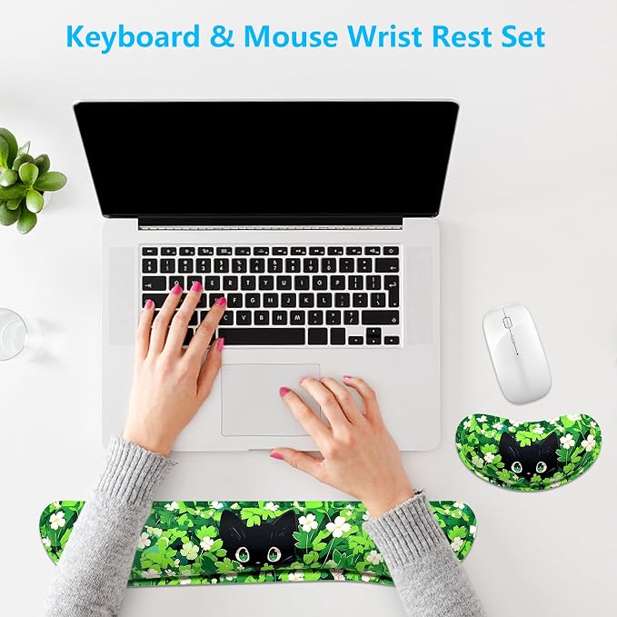 Dapesuom Enlarge Keyboard Wrist Rest, Memory Foam Wrist Cushion for Desk Mats Support, Typing Pain Relief Keyboard Mouse Pad Rests Set with Non-Slip Base for Gaming Laptop Computer, Anime Grass Cat