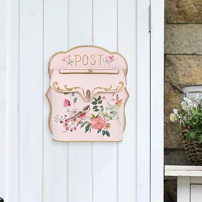 BIG FORTUNE Wall Mount Mailbox for House Outside Vintage Metal Door Mailbox Antique Style Nostalgic Charm Home Decor Garden Vintage English Cottage Decor Flower Patter (Pink)