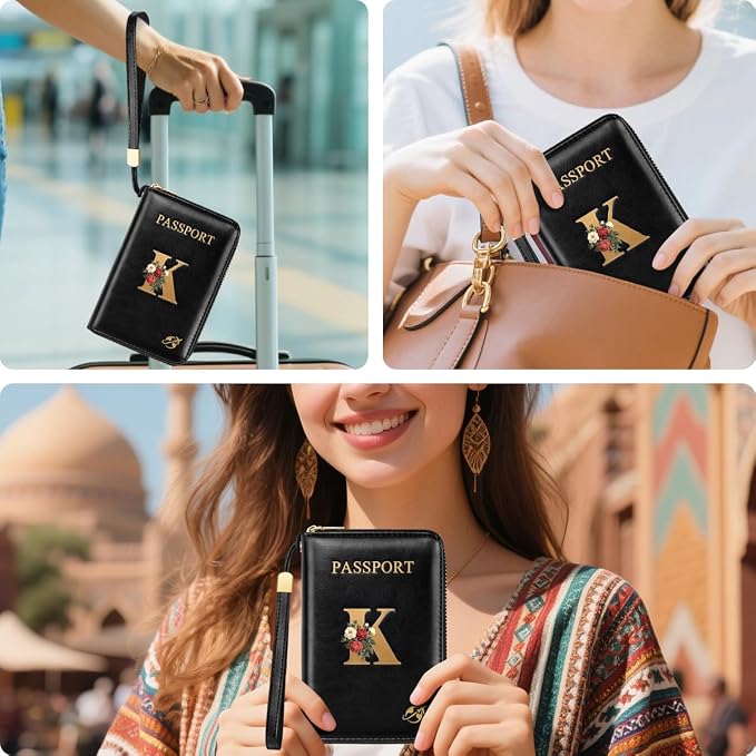 Passport Holder for Travel Personalized Wallet with Wristlet Women | Passport Cover, RFID Blocking, Passport Book Holders, Back Coin Pocket, Zipper Closure, Roses Initial Letter, Black K