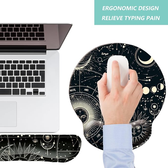 Keyboard Wrist Rest Pad Mouse Pad with Wrist Support Set of 3, Mousepad with Non-Slip Rubber Base, Ergonomic Memory Foam Mouse Wrist Cushion Support for Home Office Laptop Computer, Moon Phase