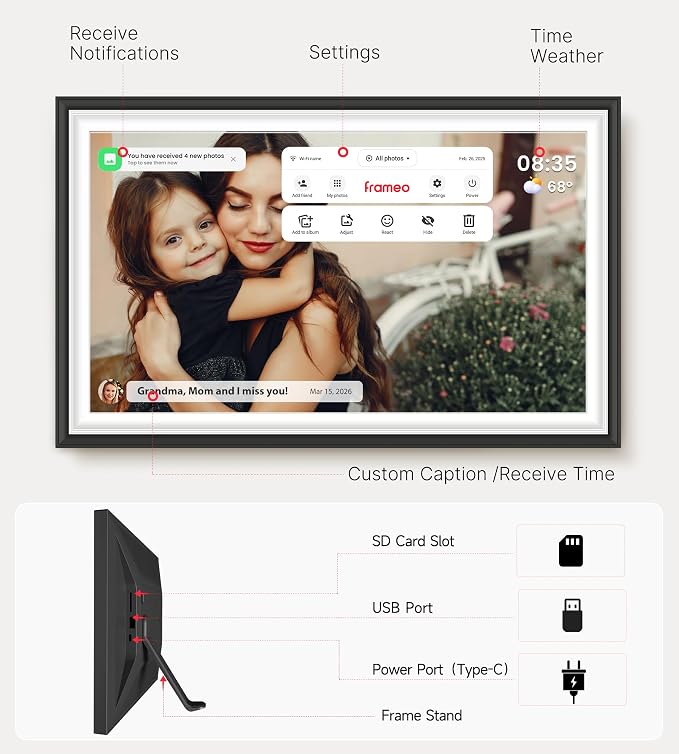 BIGASUO Digital Picture Frame Frameo 15.6" WiFi Electronic Photo Frames Large with 64GB Memory 1920x1080 IPS FHD Touch Screen Share Moments Instantly Anywhere Photo Gifts for Parents and Grandparents