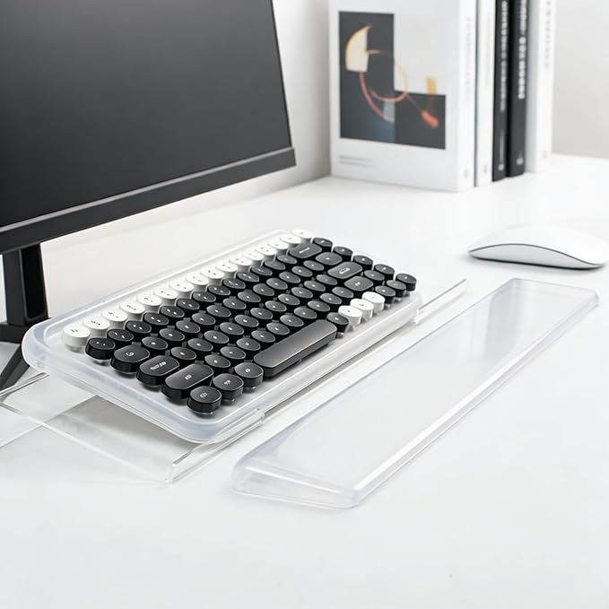 Acrylic Computer Keyboard Stand with Gel Wrist Rest Set-(Clear White Set) | Keyboard Riser for Desk Easy Typing with Gel Keyboard Wrist Pad, Anti-Slip Comfort Jelly Clear Wrist Rest Relief Pain