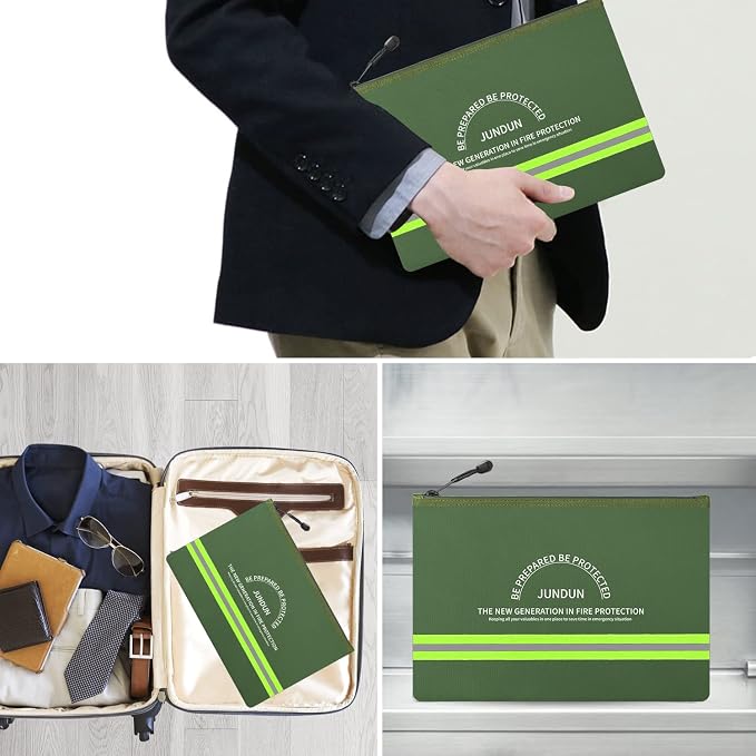 Fireproof Document Bags,14.2”x 10.0”Waterproof Fireproof | Money Bag with Aluminum Foil Lining,Fireproof Safe Storage Pouch with Zipper for Document and Cash,Green