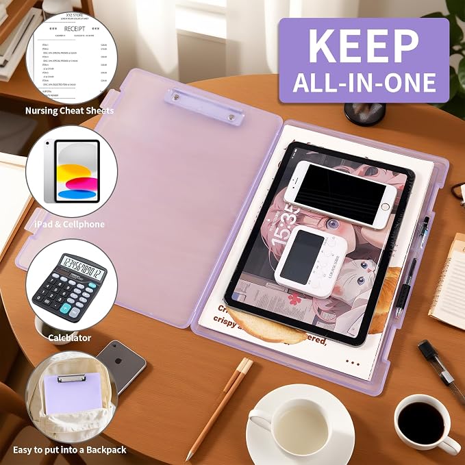 2 Pack Letter Size Clipboard with Storage 8.5 * 11, Plastic Clear Purple Clipboard File Box A4 Nursing Clip Board for School & Office with Stickers (Clear Purple-2PCS)