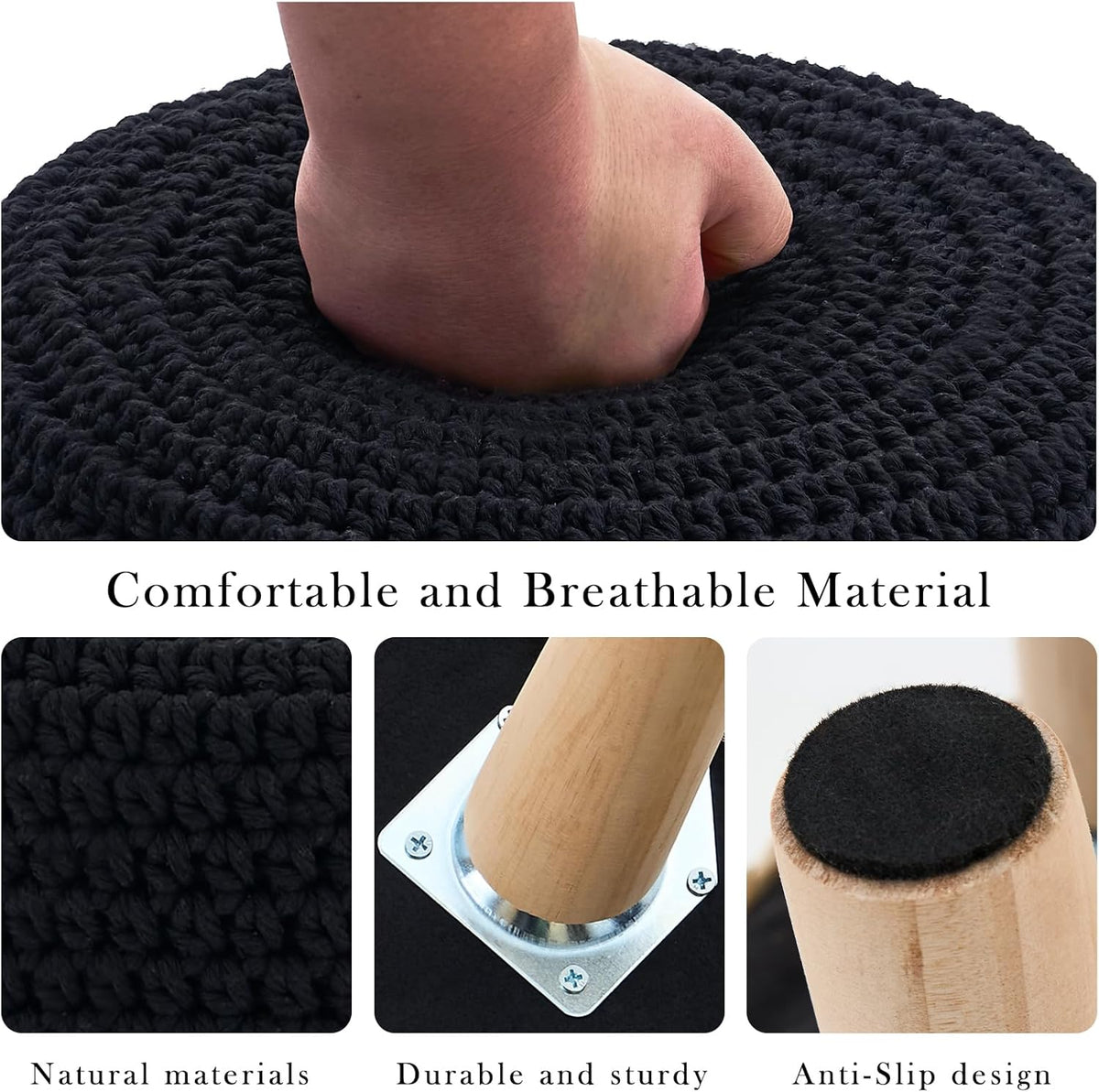 Boho Ottoman Foot Stool Cotton Knitted Round Pouf Ottoman Foot Rest Stool with Non-Skid Wooden Legs Step Stool Padded Seat for Living Room Black