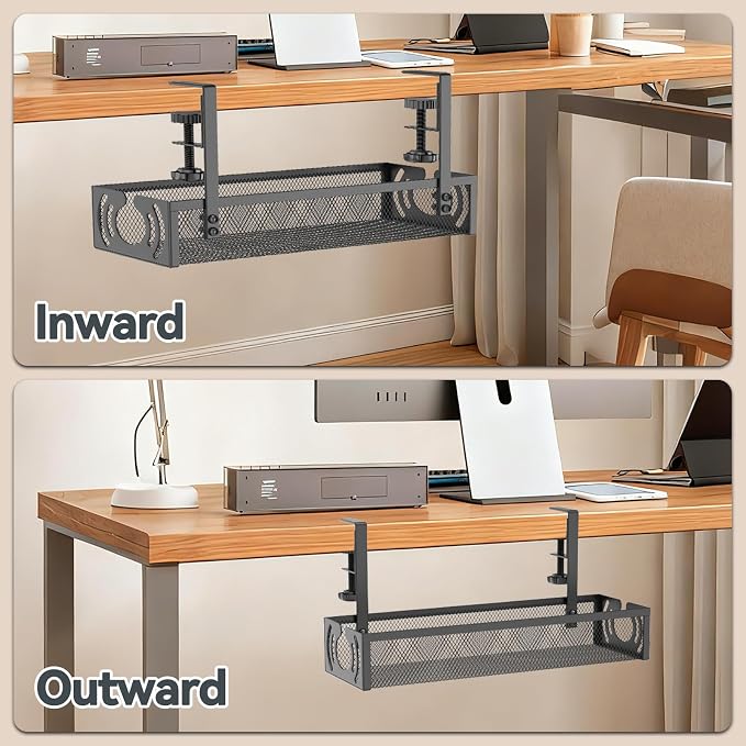 Cable Management, 15'' Under Desk Cable Management Tray No Drill, Metal Cable Organizer with Clamp for Wire Management, Cord Organizer for Home Office, Desk Accessories Organizer, Black