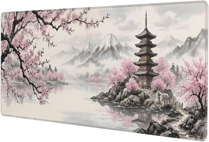 Cherry Blossom Gaming Mouse Pad Large Extended Desk Mat Non-Slip Rubber Base Keyboard Pad with Stitched Edges for Office Gaming 31.5x11.8 in