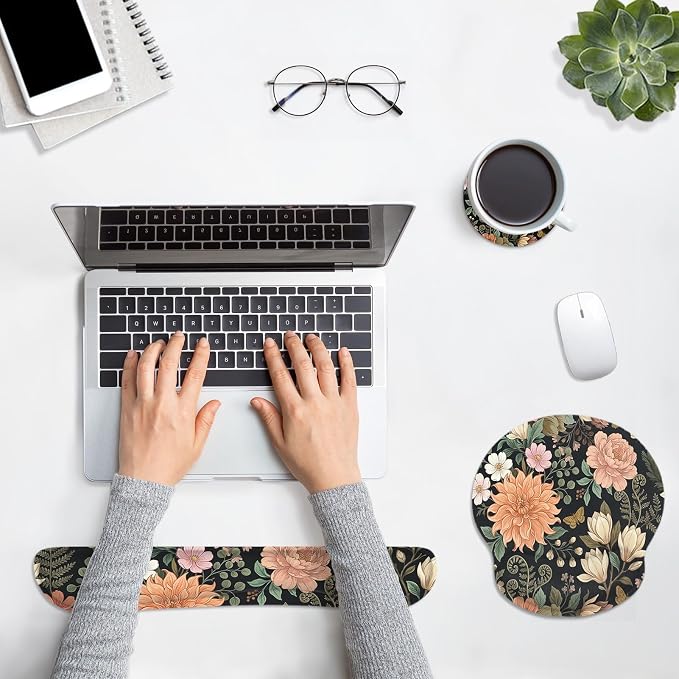 Ergonomic Mouse Pad Set with Wrist Rest, Floral Flower | Leaves Colorful Non-Slip Rubber Base Wrist Cushion Support and Coasters Mousepad with Wrist Support for Computer Keyboard