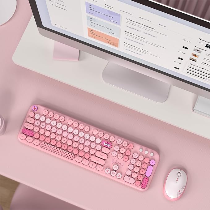 MOFII Wireless Keyboard and Mouse Combo, Full Size 2.4G Plug and Play Typewriter Retro Round Computer Keyboard and Mouse Set for Windows, Computer, Desktop, PC, Notebook - (Pink Colorful)