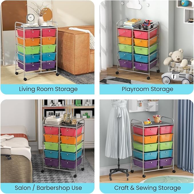 10 Drawer Rolling Cart, Storage Cart Organizer on Wheels, Drawer Cart with Metal Frame & Large Storage Capacity, Rolling Cart with Drawers for Living Room Classroom, Office