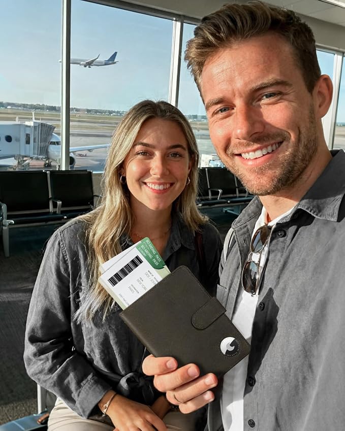 Passport Holder for Travel: Full Grain Leather Passport Cover with Airtag Holder Magnetic Buckle for Men - RFID Blocking Bifold Wallet for Air Ticket Card Cash Coin (Black-yellow)
