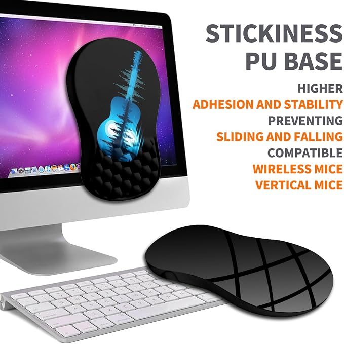 Ergonomic Joint Wrist Support Mouse Pad with Memory Foam Cushion Massage Bump, Carpal Tunnel Pain Relief Mousepad Slope Design for Wrist Rest, 11.8x7.9 in, Guitar