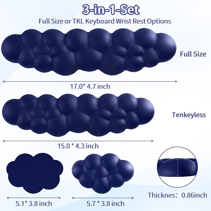 Cloud Wrist Rest Keyboard, Cloud Keyboard Wrist Pad Set with PU Leather Memory Foam, Cute Arm Rest for Palm Support, PC/Gaming Desk Accessories/Office Setup/Computer Hand Cushion - Dark Blue