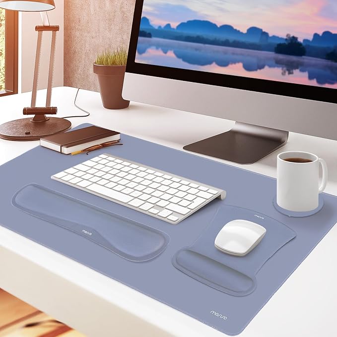 MOSISO Keyboard Mouse Pad Set, Large Gaming Mousepad&Keyboard Wrist Rest&Mouse Wrist Rest&Coaster, Ergonomic Non-Slip Mousepad&Easy Typing Cushion with Memory Foam for Home Office, Lavender Gray