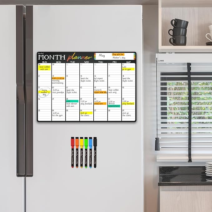 Magnetic Dry Erase Monthly Calendar - 17"x12" Monthly Calendar for Fridge - 36 Reusable Highlight Tabs - 6 Extra Fine Point Markers Included - Shipped Flat