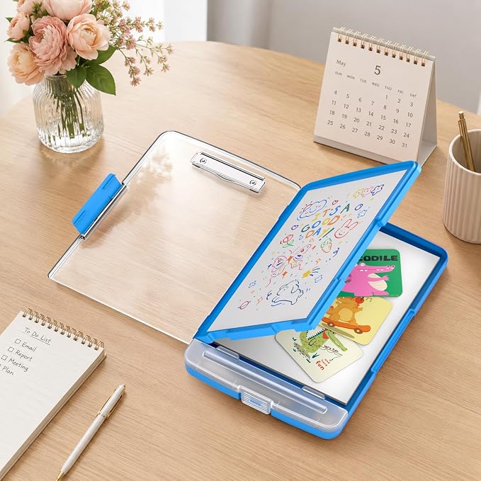 Clipboard with Storage and Pen Holder, Blue 8.5 x 11'' Folder Side Open, Heavy Duty with Dual Compartment, Clear Dry Erase for Coach, Size 14.5 x 9.8 x 1.5'', Office & School Supply
