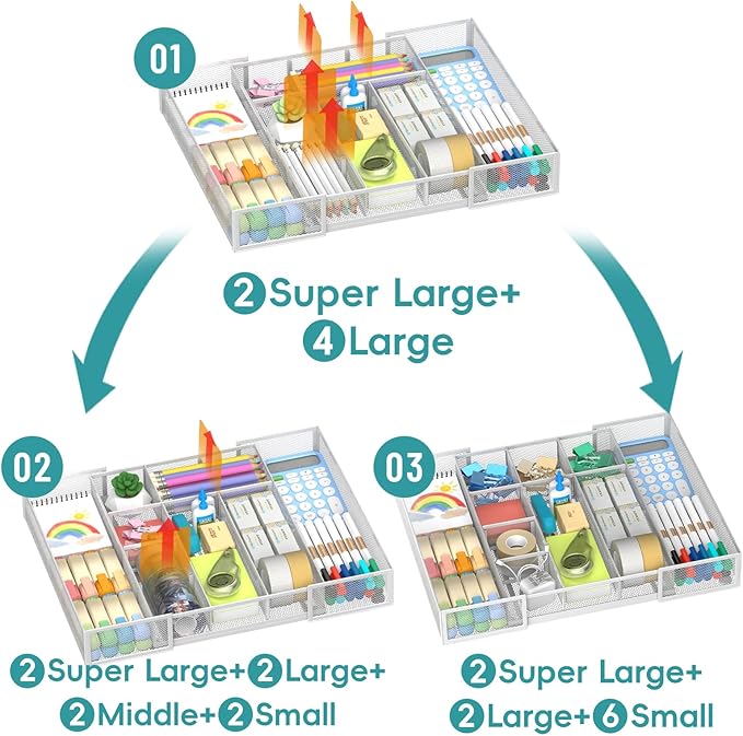 Expandable Desk Drawer Organizer Tray with 10 Adjustable Compartments, Metal Mesh Office Drawer Organizer, Versatile Desk Organizer for Home, School Supplies, Makeup Vanity & Jewelry (White)
