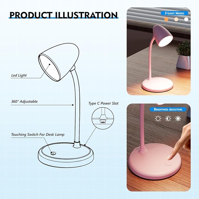 LED Desk Lamp for Home Office,Dimmable Table Lamp 3 Light Colors | Reading Light for Bedside Small Desk Lamp for College Dorm Room,Bedroom Desk Light Pink