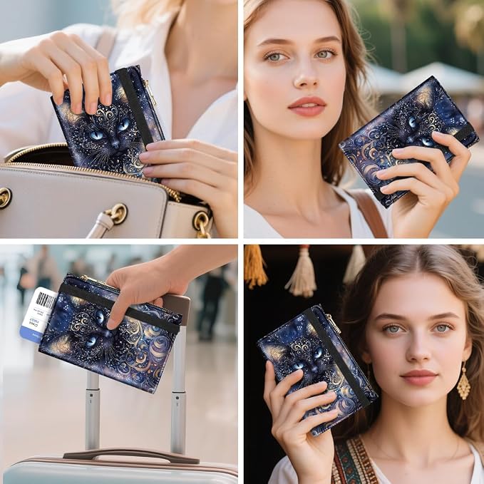 Passport Holder for Travel, RFID Blocking Passport Cover for Women Zipper | Travel Wallets, Passport Book Holder, Credit Card Holder, ID Window,SIM Card Slots, Coin & Tickets Pocket, Cool Cat