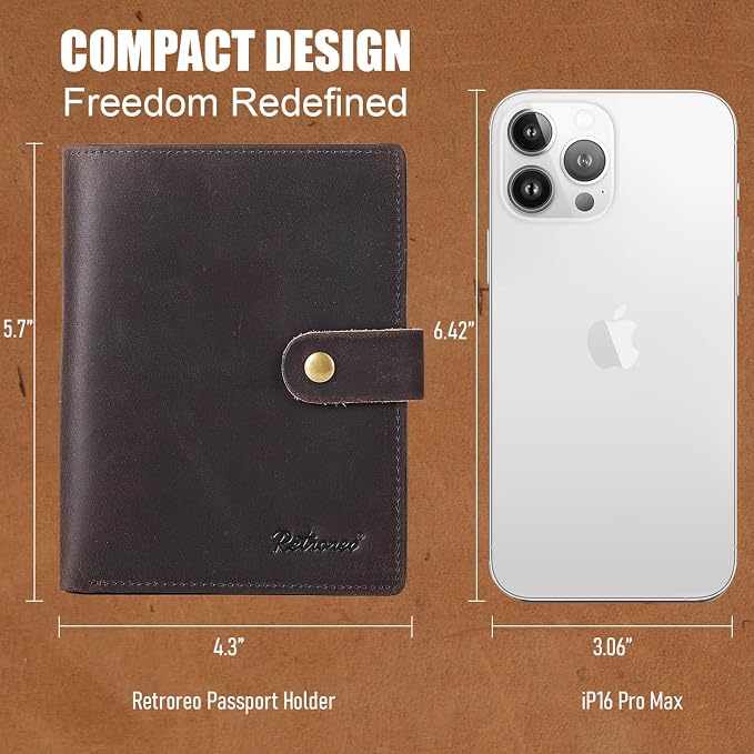 Vitus Full Grain Leather Passport Wallet, Travel Document Organizer with RFID Blocking, Dual Passport Slots, Multiple Card Holders, AirTag Compatible, a 60-Page Travel Notebook & Pen Included