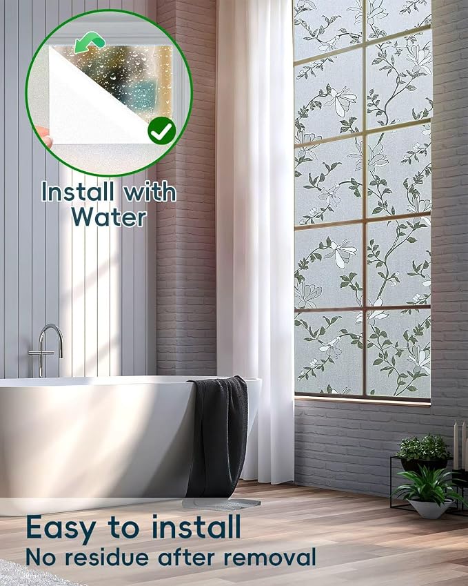 Frosted Glass Window Film with Elegant Flower Design, Bathroom Window Privacy Film for Glass Windows Cover, Static Cling, Removable, Reusable, Anti-UV, Anti-Glare, 45.2 Inch * 78.74 Inch