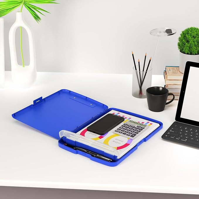 Piasoenc Clipboard with Storage, 8.5 x 11 Clip Board with Pen Holder, Blue | High Capacity, Heavy Duty Plastic Organization Box for A4 Legal Paper Folder, Folio & Side-Opening Nurses, Teachers, Student