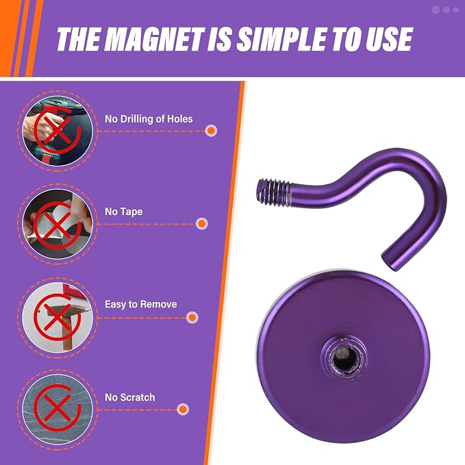 Neosmuk Magnetic Hooks, Heavy Duty 130lb+ Strong Magnet Hook for Cruise Cabins, Cruise Essentials 2026 for Hanging, Metal Wall Refrigerator Hangers (Purple, 10 Pack)