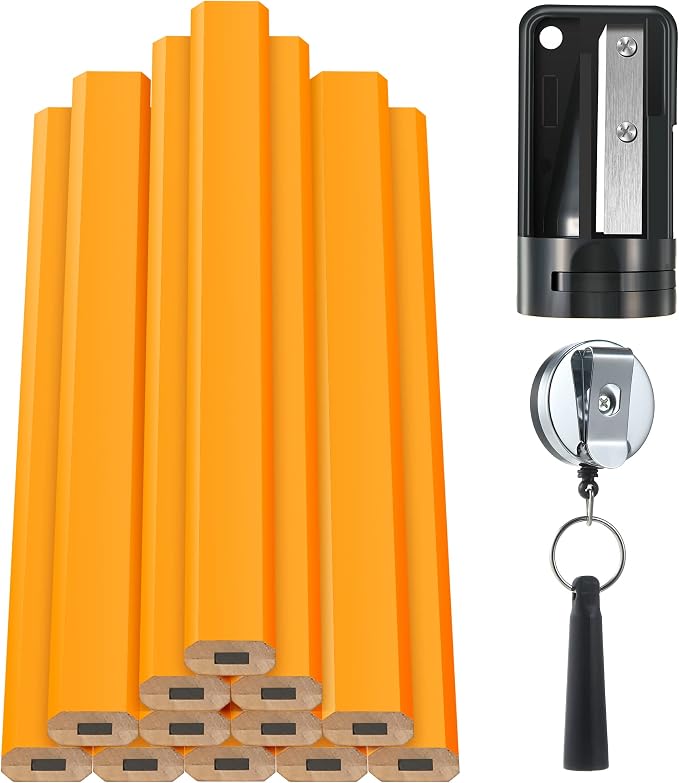 Hohean 14 Pcs Carpenter Pencils, 7 Inches Flat Octagonal Hard Woodworking Construction Pencils Heavy Duty with Pencil Sharpener and Retractable Pull Pen Holder for Contractor Carpentry (Yellow)