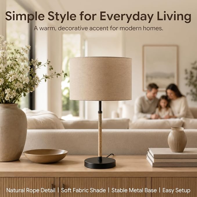 BySea Nordic Linen Desk Lamp, 21.1" Tall Metal Table Lamp for Living Room, Minimalist Bedside Nightstand Lamp with Fabric Drum Shade, Japandi Decor, Warm Yellow Light, 6.6ft Cord