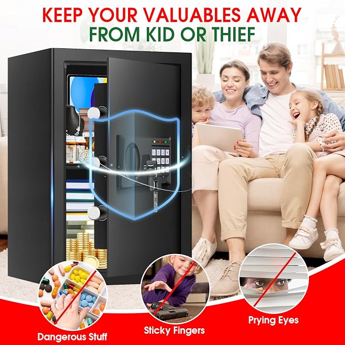 3.3 Cuft Large Home Safes Water and Fireproof with Digital Keypad & Key Lock, Security Safes for Home with DIY Removable Shelf, Anti-Pry Safe Box for Money Documents Jewelry, 19.69"H x13.78"W x 12.2"D
