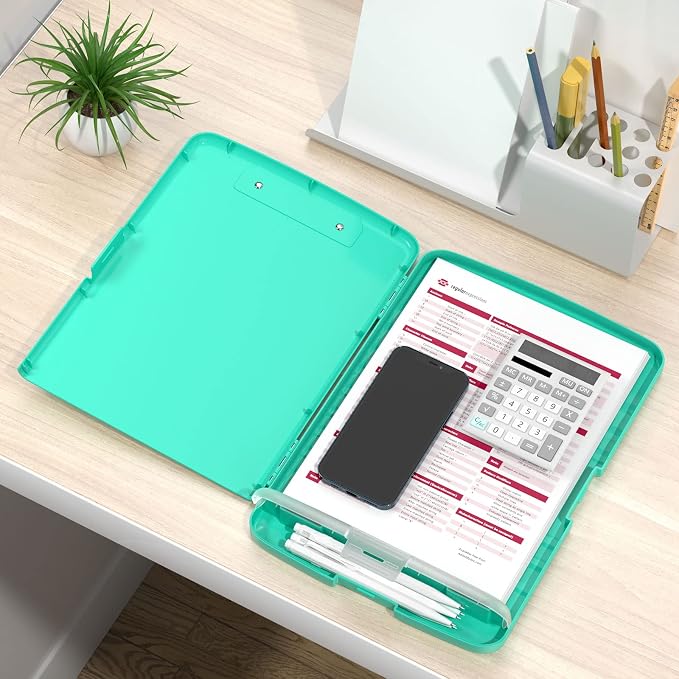 Rimilak Clipboard with Storage, 8.5 x 11'' High Capacity Clip Board, Green | Smooth Writing, Side-Opening Plastic Folder with Pen Holder, Size 14.2 x 9.6 x 1.2″ ,for Classroom, Teacher, Student