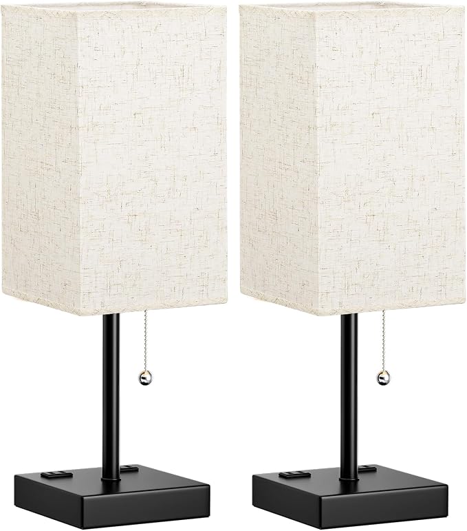 Bedside Lamp for Bedroom Set of 2 - Table Lamp for Nightstand | USB A+C Ports, AC Outlet, 3 Color Temperatures, LED Bulb Included, Pull Chain, 17" Rectangular Desk Lamp for Dorm, 2-Pack