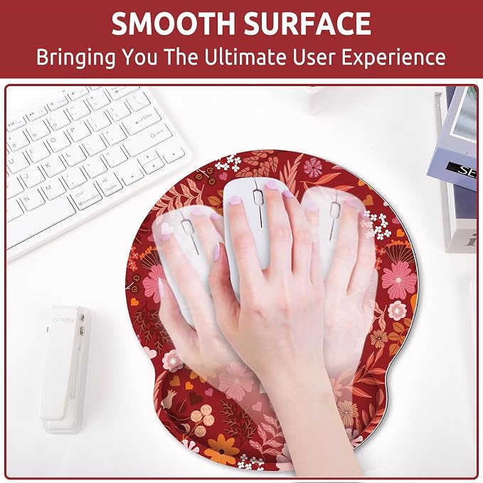 KONVINIT Ergonomic Mouse Pad with Wrist Rest, Small Mousepad with Non-Slip Rubber Base and Smooth Surface, Red Mouse Pads for Desk, Office Desk Accessories