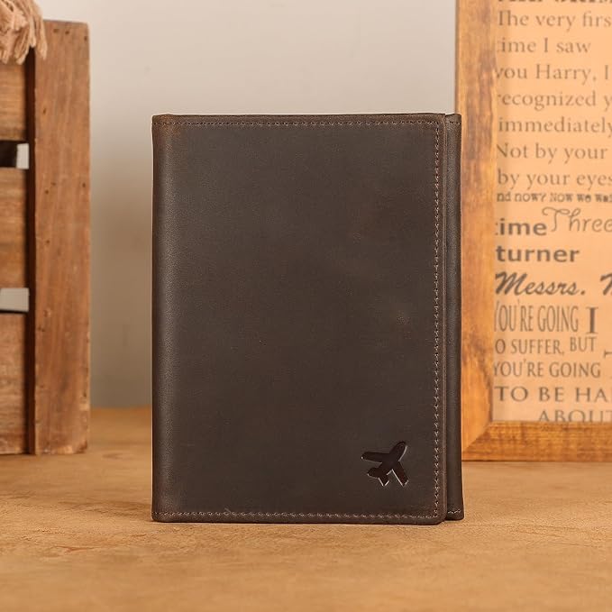 Polare Full Grain Leather Pilot Wallet Passport Holder RFID Blocking Tri-fold Travel Cover Document Organizer for Aviation Professionals (Dark Brown with AirTag Slot)
