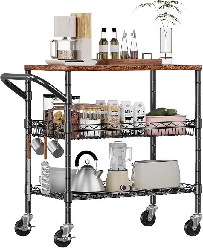 3 Tier Rolling Carts with Wheels, Heavy Duty Rolling Utility Cart with Wood Tabletop, Commercial Grade Metal Cart with Handle and Hooks, NSF Storage Serving Carts for Kitchen Island, Wood+Metal