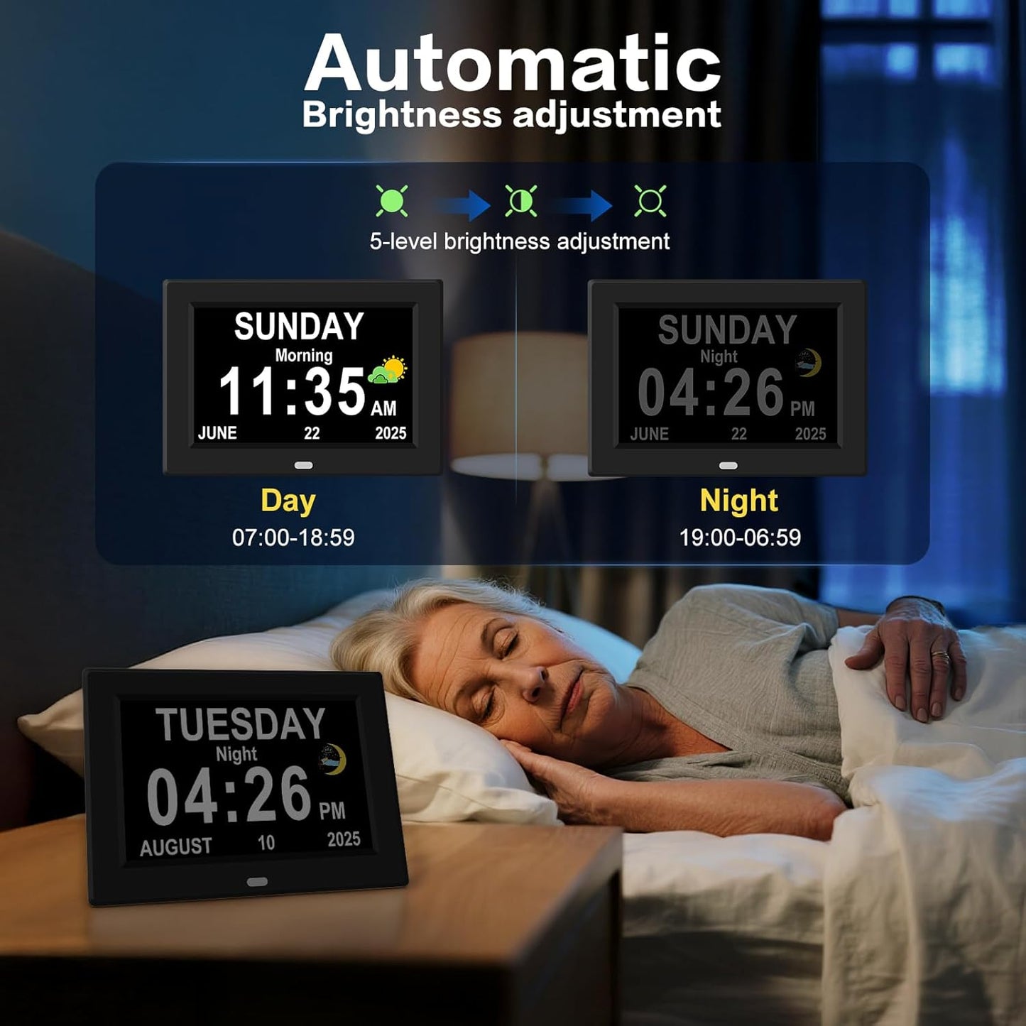 Digital Alarm Clock for Elderly Large Display Date Day of Week for Seniors Electric Digital Clocks 12 Alarms 4 Colors Desk Calendar Clocks for Memory Loss Alzheimers Clock Auto DST/Dimmer