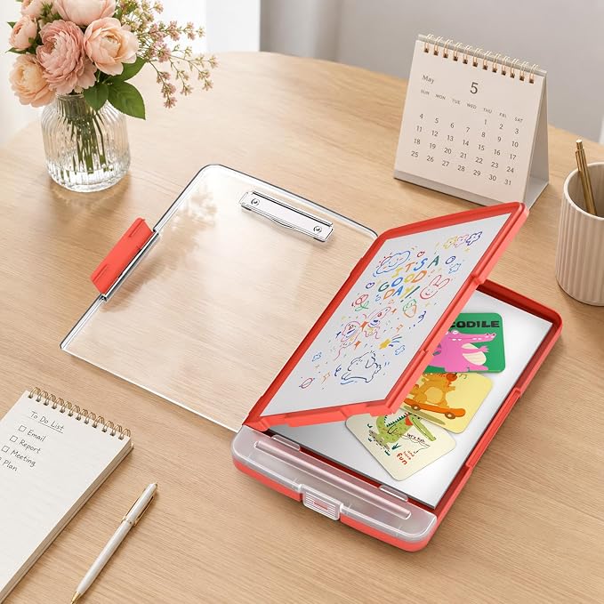 Clipboard with Storage and Pen Holder, Red 8.5 x 11'' Folder Side Open, Heavy Duty with Dual Compartment, Clear Dry Erase for Coach, Size 14.5 x 9.8 x 1.5'', Office & School Supply