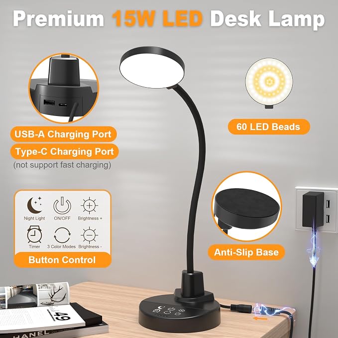15W LED Desk Lamp with USB Charging Ports – Dimmable Table Lamp with 3 Color Temps, 5 Brightness, 4 Timers, Flexible Gooseneck Light with Base, Eye-Caring Reading Light for Home Office, Bedroom, Study