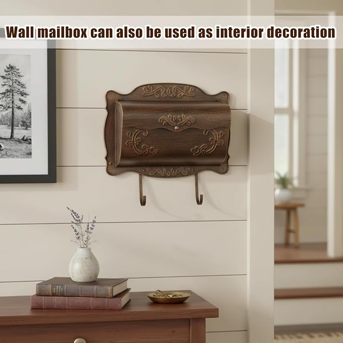 Wall Mount Mailbox with Newspaper Holder, Vintage Metal Wall Mailboxes for Outside, Decorative Front Porch Mail Box Mounted, Horizontal Mailbox with Antique Floral Design for Outdoor and House Garden