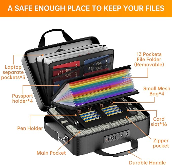 ENGPOW Fireproof Document Box with Lock & 13 Pockets Accordion File Folder | Hard Case File Organizer Home Safe Box with Multi Pockets,Protects Important Documents,Certificates,Laptop,Passports,Black