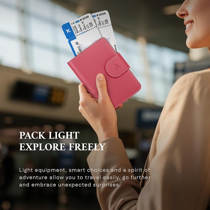 ALLIVE Rfid Passport Holder for Travel Women, Rfid Passport Cover Wallet, Genuine Leather Passport Holder for Travel with AirTag Hidden, Airport Essentials, Travel Gifts (Rose Pink)