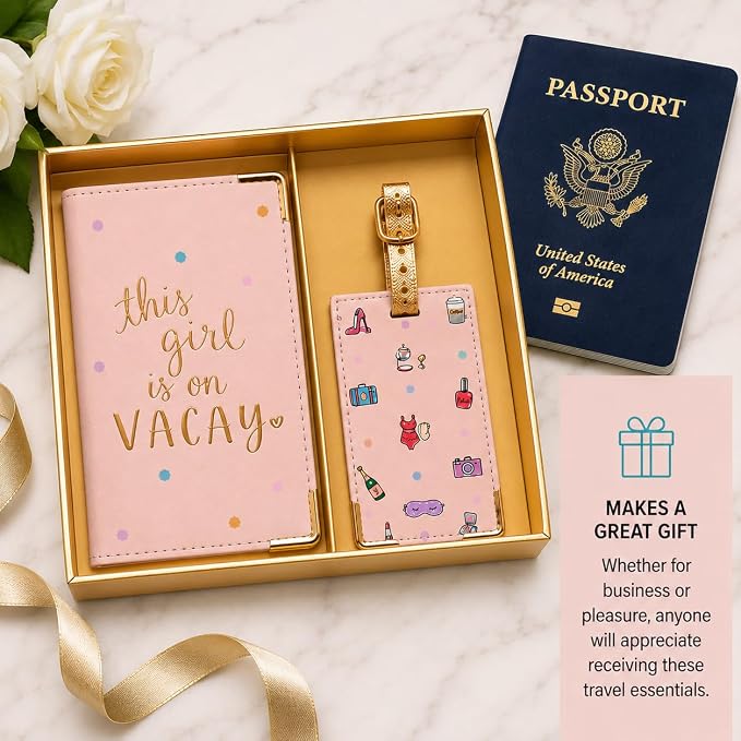 WORD TRAVELER Passport Cover Holder And Luggage Tag Set In Gift Box | Faux Material, Adjustable Buckle Strap, Privacy ID Window, Slim Lightweight Build for Easy Carry