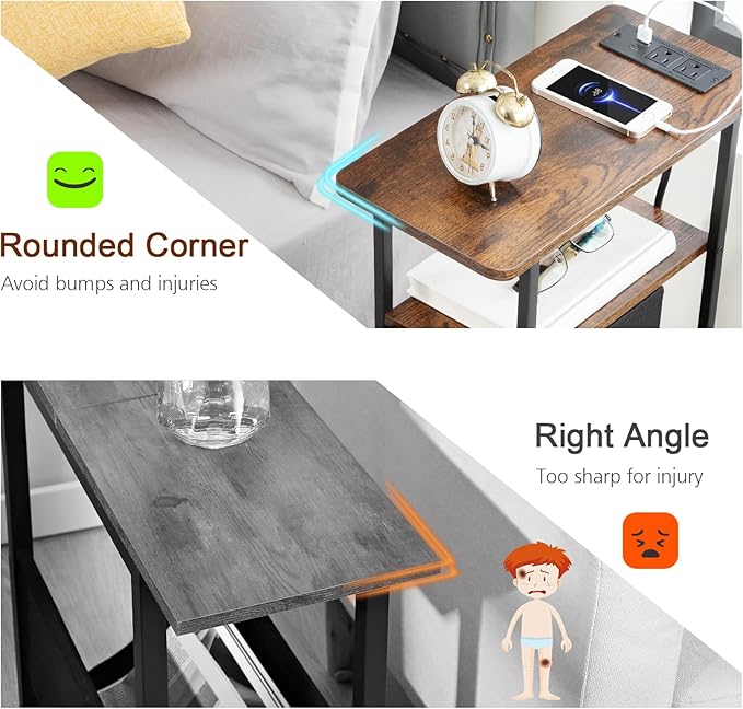 Narrow End Table with Charging Station, Small Nightstand | Skinny Side Tables Living Room with 3 Fabric Drawers, Bedside Table with LED Lights for Bedroom, Small Spaces, Rustic Brown