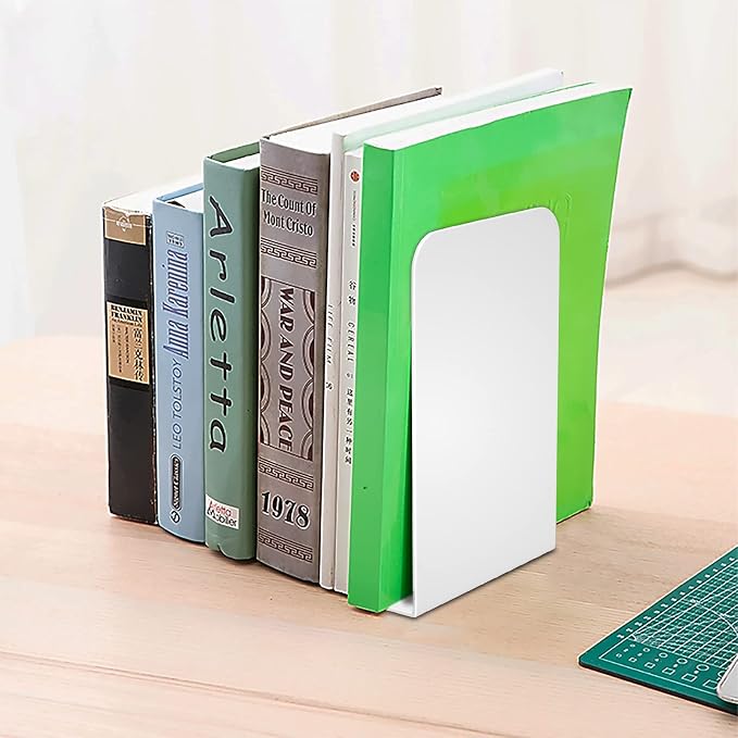 VFINE Bookends 4 Pairs, White Metal Book Ends, Bookends for Shelves, Book Stopper for Heavy Books, Book Dividers for Home Office